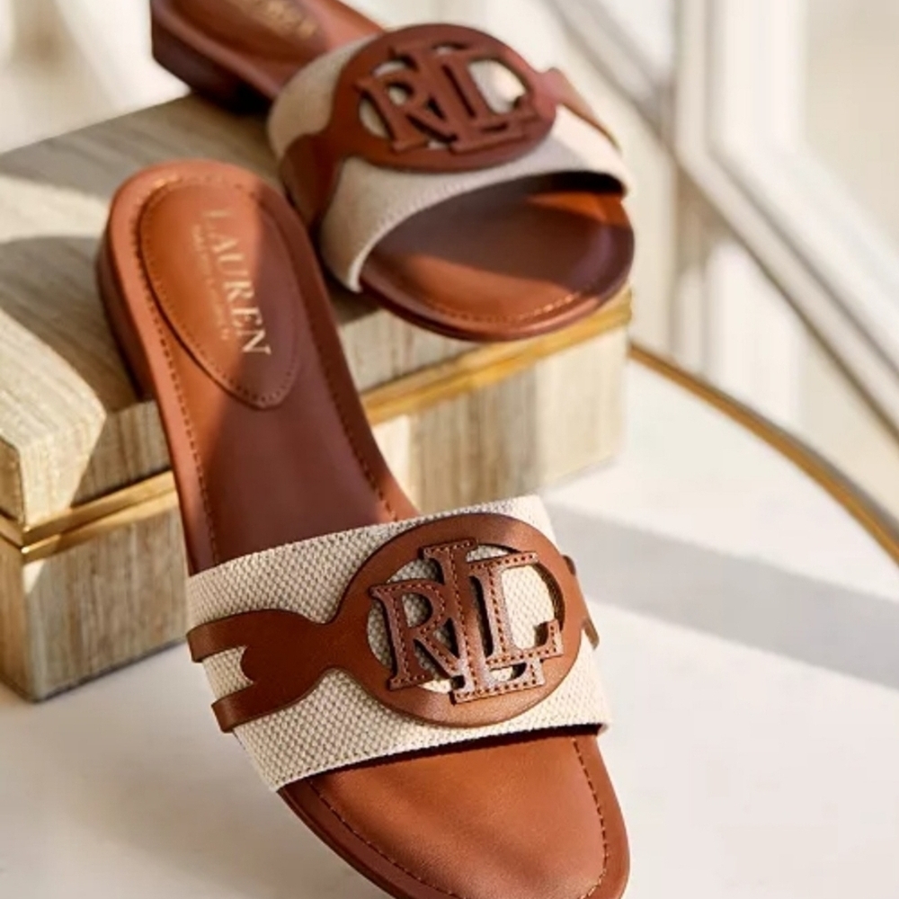 Ralph Lauren Tan and Cream Sandals with Medallion Accent